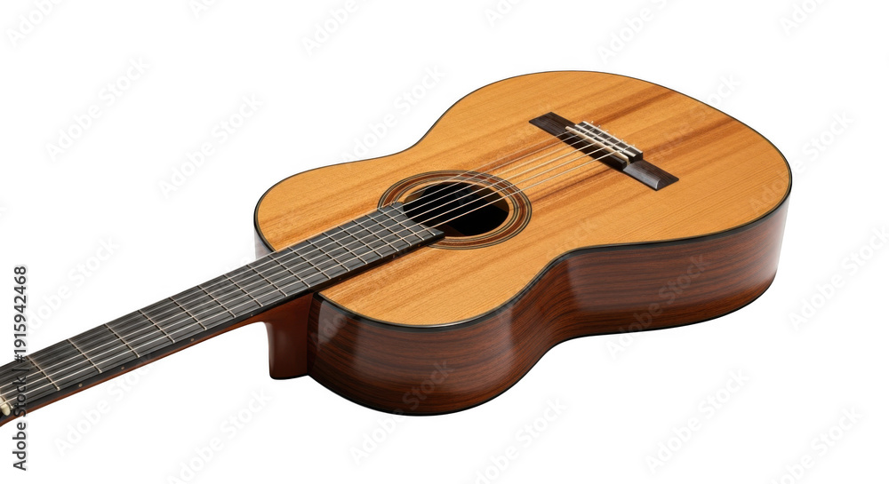 Fototapeta premium Acoustic guitar with wooden body isolated on transparent background
