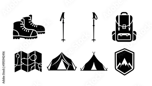 Hiking Gear Icons: Backpack, Boots, Tent, Map, Poles, Emblem - Outdoor Adventure Symbols