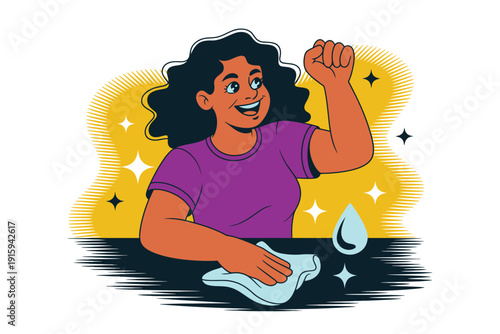 Woman cleaning with a cloth and smiling in a cartoon illustration