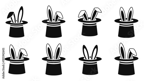 Magic Hat with Bunny Ears Icons Set, Illusion and Surprise Concept