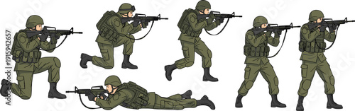 Soldier military combat poses set showing tactical movement aiming shooting and armed forces training illustration