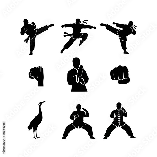 Martial Arts Silhouettes: Dynamic Poses, Crane Style, and Fist Icons