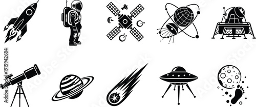 Space exploration icons set with rocket astronaut satellite planet UFO vector illustration collection isolated design