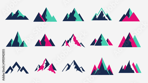 Modern Geometric Mountain Peaks Collection: Minimalist Vector Icons for Adventure and Outdoors