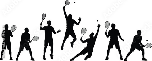 Tennis player silhouettes set showing action poses serving hitting jumping and professional sports movement illustration