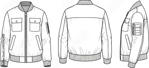 Technical Bomber Jacket Fashion Flat Sketch Showing Front Back And Side Views Isolated On White