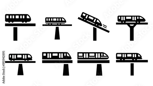 Monorail Train Icons Set: Elevated Transport Systems, Modern Transit, Urban Mobility