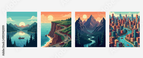 Mountain Lake River Bridge Travel Poster Set, Alpine Valley Retro Vector Illustration, Forest Waterway Scenic Wall Art Print, Stone Bridge Landscape Clipart Design, Wilderness Adventure Destination Po
