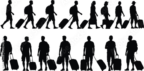 Traveler Silhouette Set with Rolling Suitcases for Airport, Tourism, Business Trip, and Travel Concept Illustration