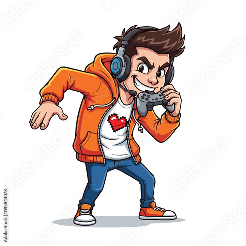 Young Gamer with Headset Holding Controller