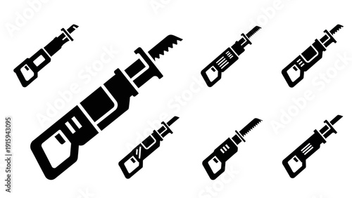 Reciprocating Saw Icons Set: Black Silhouettes on White Background