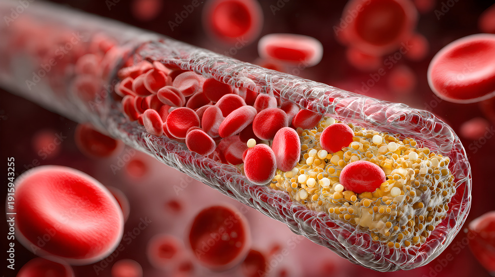 Fototapeta premium Red blood cells flowing in artery with yellow cholesterol particles