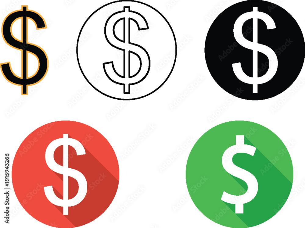 Fototapeta premium Dollar Currency Icon Set Money Symbols, Finance Coins, Flat Design and Long Shadow Buttons
