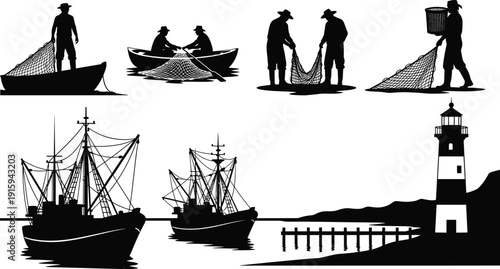 Fishing Industry Silhouettes with Fishermen Boats Nets and Lighthouse Coastal Maritime Illustration Set