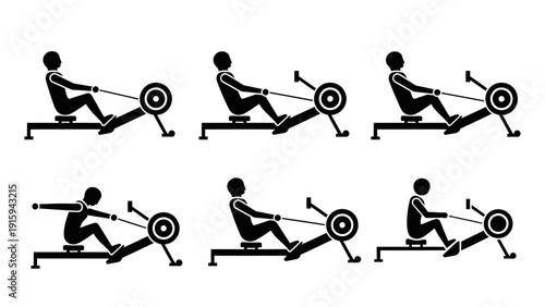Rowing Machine Exercise Sequence: Stick Figure Workout Progression