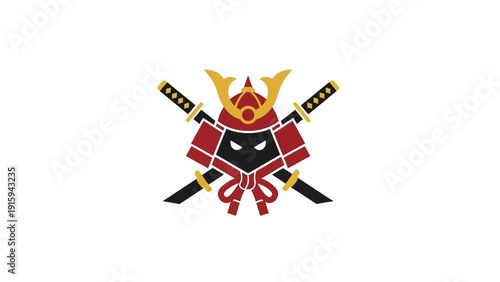 Samurai Mask Emblem with Crossed Swords and Red Bow, Japanese Warrior Symbol