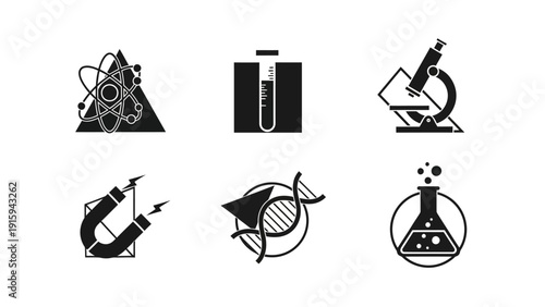 Science Icons: Atom, Test Tube, Microscope, Magnet, DNA, Flask