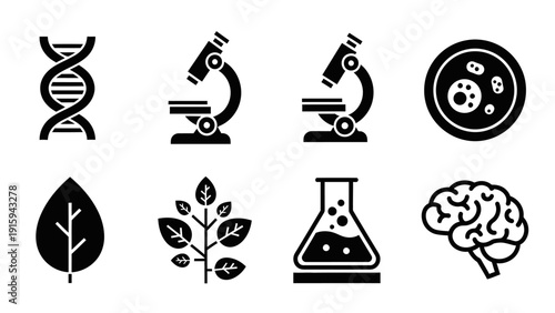 Science Icons: DNA, Microscope, Petri Dish, Leaf, Plant, Flask, Brain