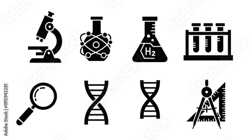 Science Icons: Microscope, DNA, Flasks, Magnifying Glass, Geometry Tools