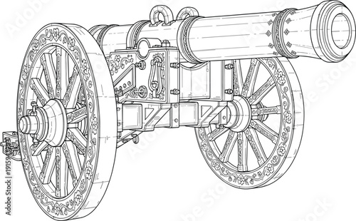 Vintage Military Cannon Line Art Illustration Showing Historical Artillery Weapon with Detailed Engineering Design