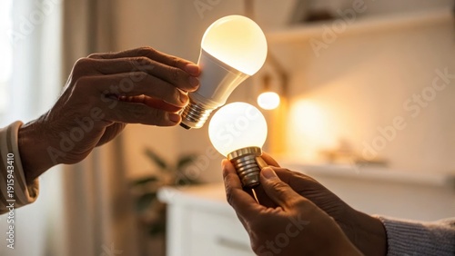 Two people compare LED light bulbs indoors, highlighting energy-efficient lighting with a warm, cozy background.