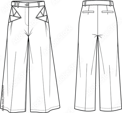Wide Leg Trousers Fashion Flat Sketch Showing Front And Back Views Technical Apparel Illustration