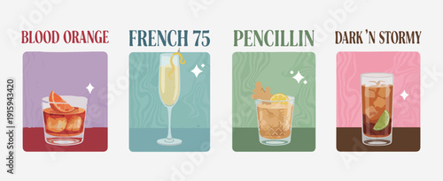 French 75 Penicillin Cocktail Art Poster Set, Classic Drink Recipe Retro Vector Illustration, Champagne Whiskey Glass Wall Art Print, Elegant Bar Menu Clipart Design, Vintage Cocktail Poster Collectio
