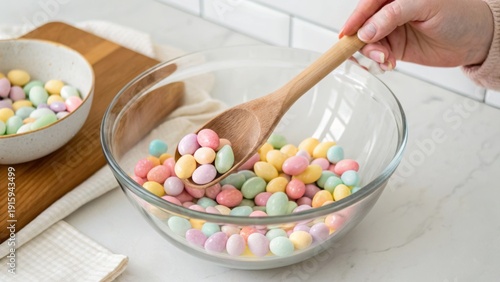 Wallpaper Mural A hand stirs colorful pastel candy-coated chocolate eggs in a clear glass bowl on a kitchen counter with a wooden spatula. Torontodigital.ca