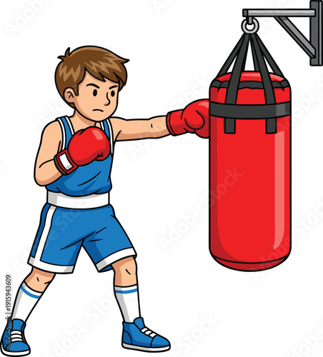 Young Boxer Training with Punching Bag Illustration, Kids Boxing Practice, Fitness, Strength, and Sports Concept