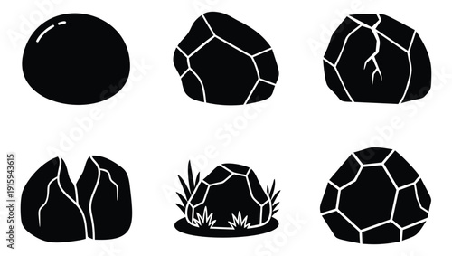 Line art rock set featuring various natural formations, cracked surfaces, and grass for outdoor environment designs