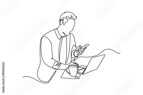 man using smartphone and laptop computer for electronic banking. Payment Online concept. Single line draw design. Vector graphic illustration