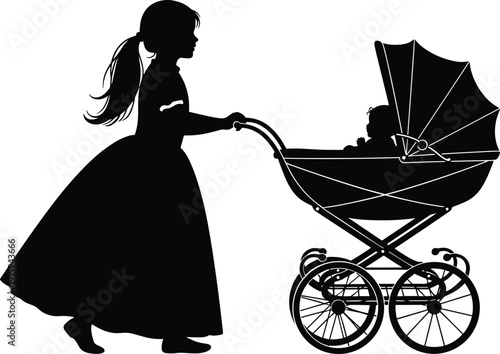 Young Girl Pushing Baby Stroller Silhouette Showing Sister Care, Family Love and Childhood Responsibility Concept