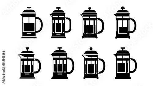 Set of Black French Press Coffee Makers Icons, Various Styles, Isolated on White Background