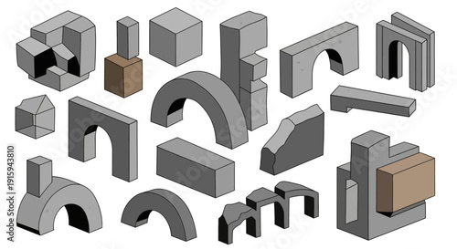 Architectural Elements Collection: Arches, Cubes, and Geometric Shapes