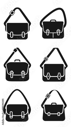 Set of Black Satchel Bag Icons, Messenger Bags, Crossbody Bags, Shoulder Bags, Vector Illustrations