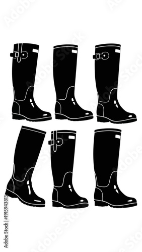 Set of Black Rubber Rain Boots, Tall Wellington Boots, Fashion Footwear