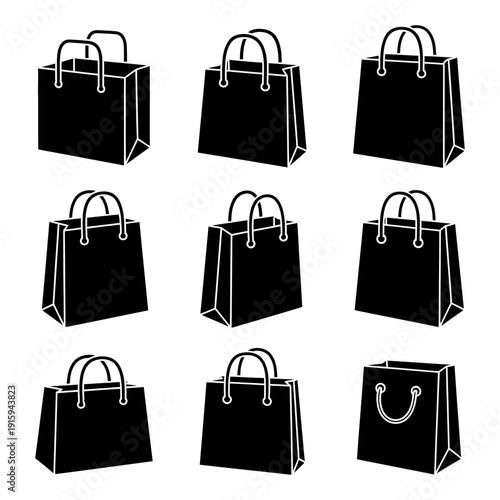 Set of Black Shopping Bags, Retail and E-commerce Icons, Isolated on White Background