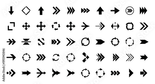 Collection of Black Arrows and Symbols on White Background
