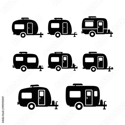 Set of Black Silhouette Travel Trailers and Campers Icons