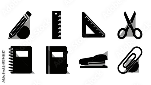 Set of Black Stationery Icons: Pencil, Ruler, Triangle, Scissors, Notebooks, Stapler, Paperclip