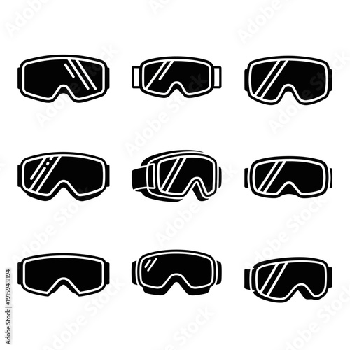 Set of Black Ski Goggles Icons on White Background