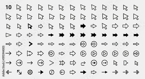 Collection of Arrow and Cursor Icons: Navigation, Direction, and Pointer Symbols