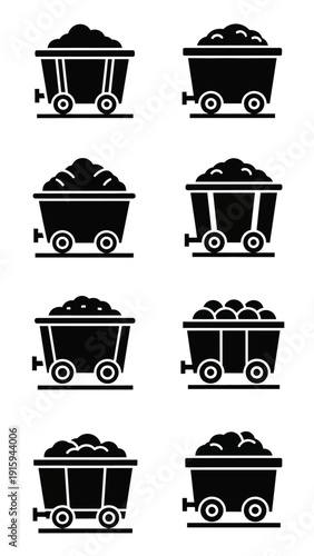 Set of Coal Mine Carts Icons, Industrial Mining Transportation Vector Graphics