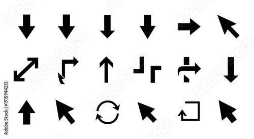Collection of Black Arrows and Cursor Icons on White Background