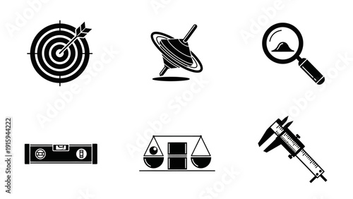 Set of Icons: Measurement, Precision, Goals, Balance, Science, and Tools