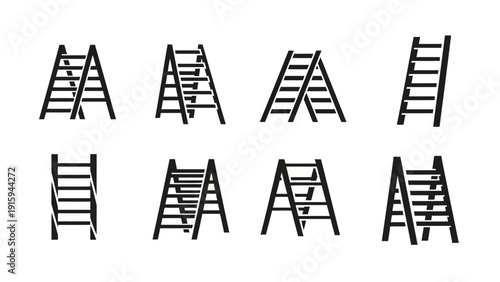 Set of Ladder Icons: Various Types and Angles for Construction, DIY, and Access Concepts