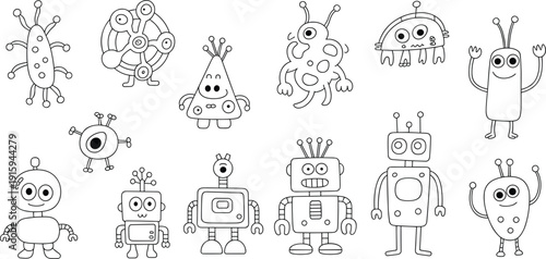 Black and white cartoon drawings of various robots and alien creatures on white background monster