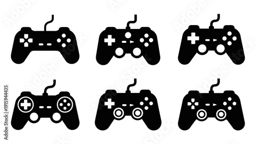Set of Six Black Video Game Controllers Icons, Retro and Modern Gaming Joysticks