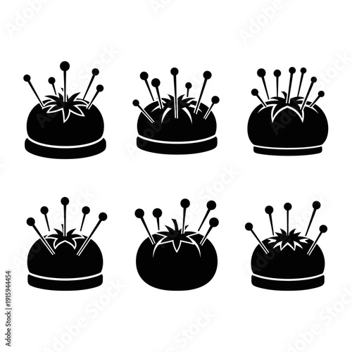 Set of Six Tomato Pincushions with Pins, Sewing Craft Tool Icons, Isolated on White