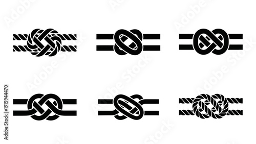 Set of Six Nautical Rope Knots Icons, Black and White Vector Illustrations